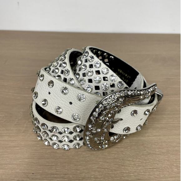 Women\'s Western Rhinestone studded leather belt white L 42\
